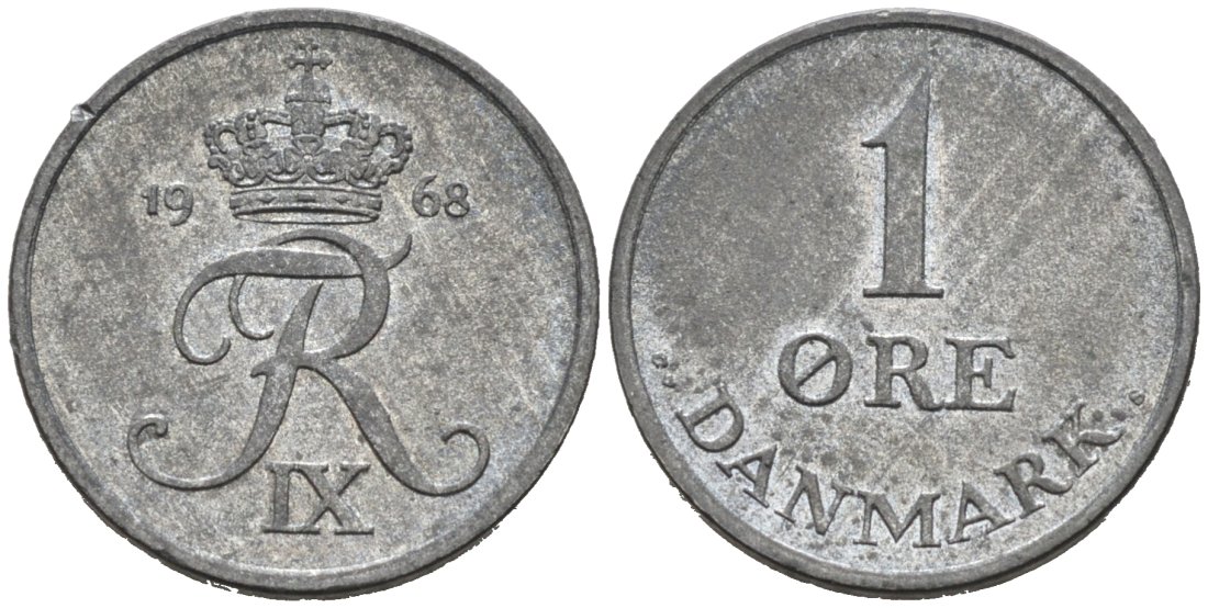 Дания 1 эре 1968 С; S, Фредерик IX (1947-1972) KM 839.2 цинк 4564-838