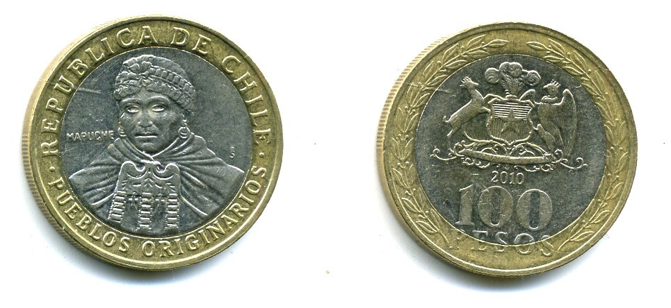 Чили 100 песо 2010 индейцы Мапуче KM 236 биметалл 41-442