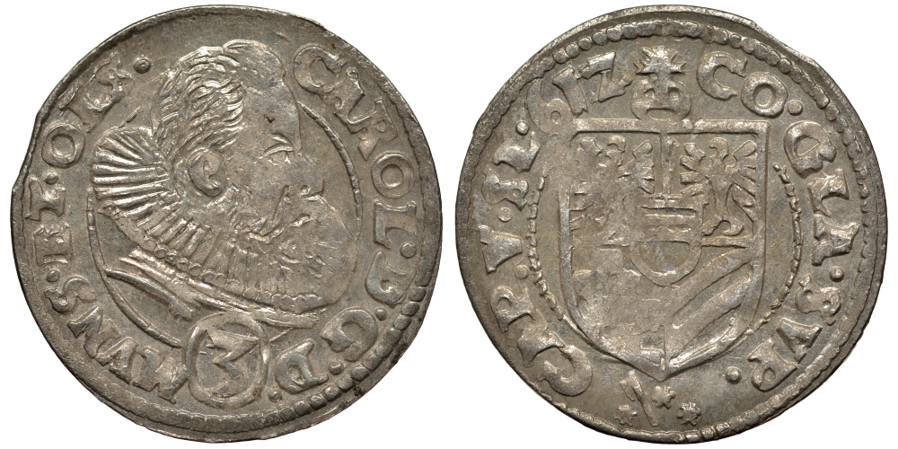 Силезия, Мюнстерберг, Олесница грошен (3 крейцера) 1612 Карл II серебро 413-1121