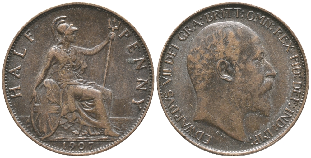 Великобритания 1/2 пенни 1907 Эдуард VII (1901-1910) KM 793.2, Spink 3991 бронза 34-217