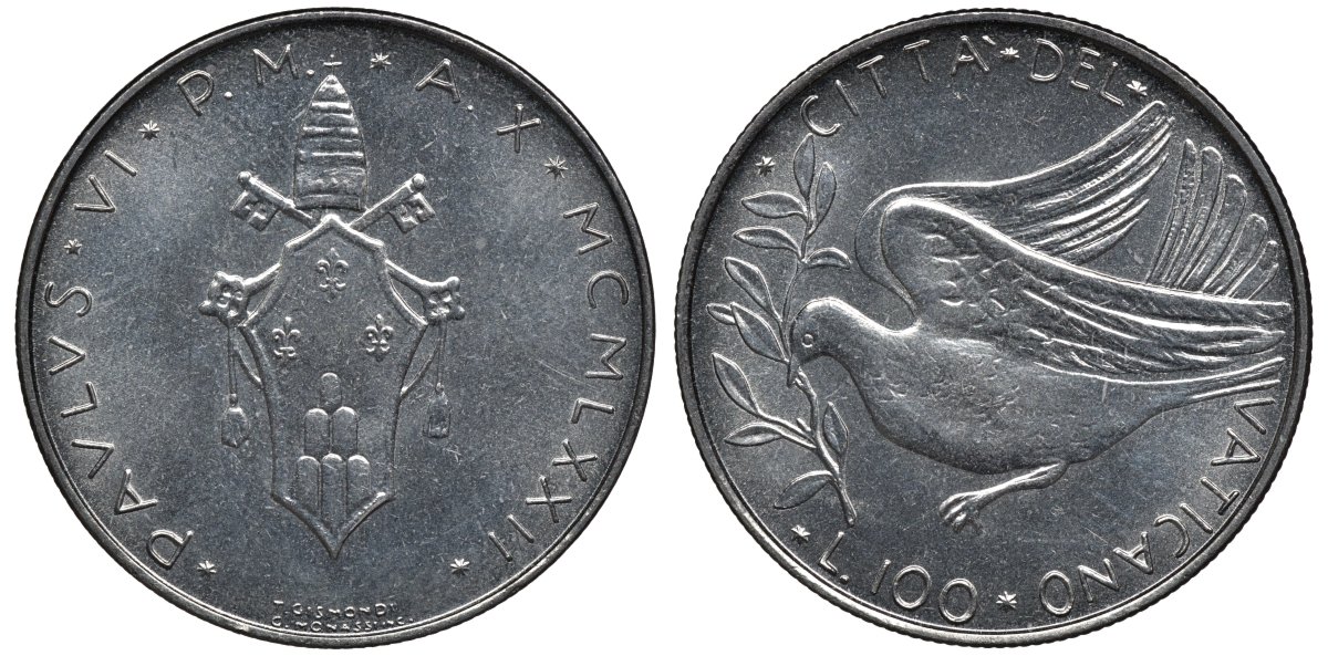 Ватикан 100 лир 1972 голубь, папа Павел VI (1963-1978) KM 122 нержавеющая сталь UNC 4579-644