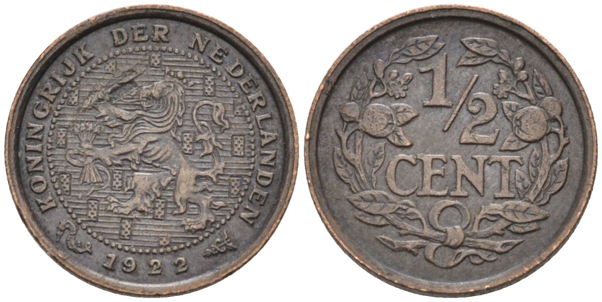 Нидерланды 1/2 цента 1922 Вильгельмина (1890-1948) KM 138 бронза 4576-428