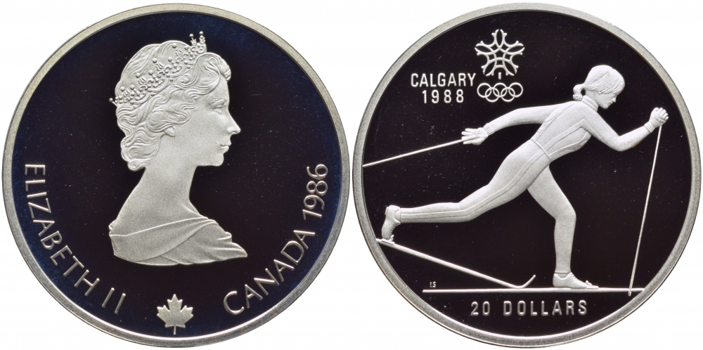 Канада 20 долларов 1986 XV зимние Олимпийские игры в Калгари 1988 года, лыжница KM 150 серебро PROOF 04-102-35