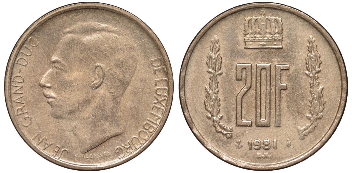 Люксембург 20 франков 1981 герцог Жан (1964-1999) KM 58 алюминиевая бронза 4144-144