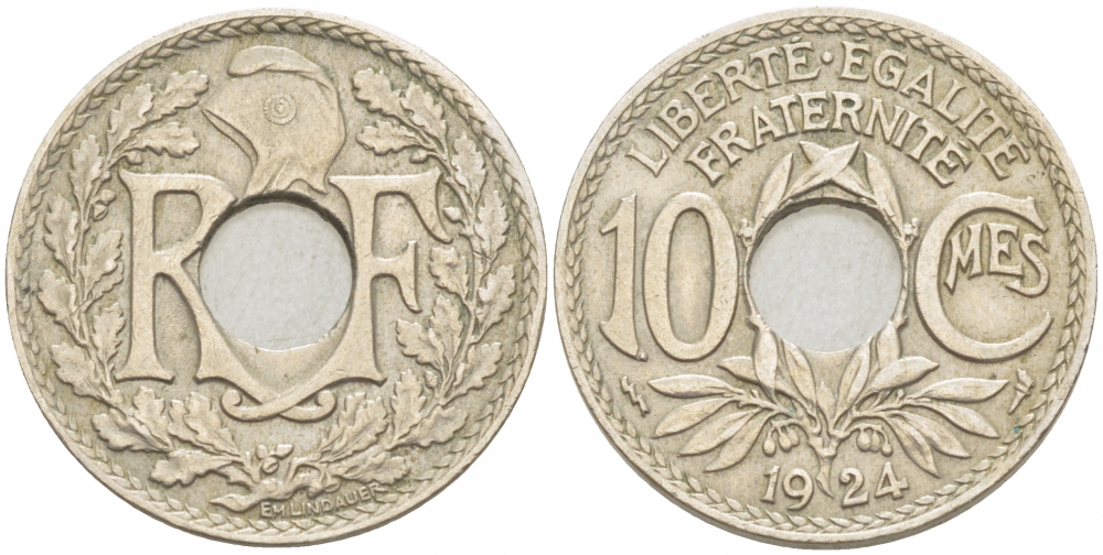 ФРАНЦИЯ 10 САНТИМОВ 1924 tb, ТИП ЛИНДАЙЁ, МОНЕТНЫЙ ДВОР ПУАССИ, МОЛНИЯ KM 866а, LE FRANC 138.11 медно-никель 4402-747
