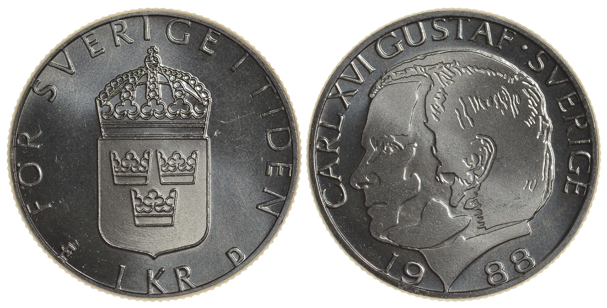 Швеция 1 крона 1988 Карл XVI Густав (1973- ) KM 852a медно-никель UNC 4179-1231