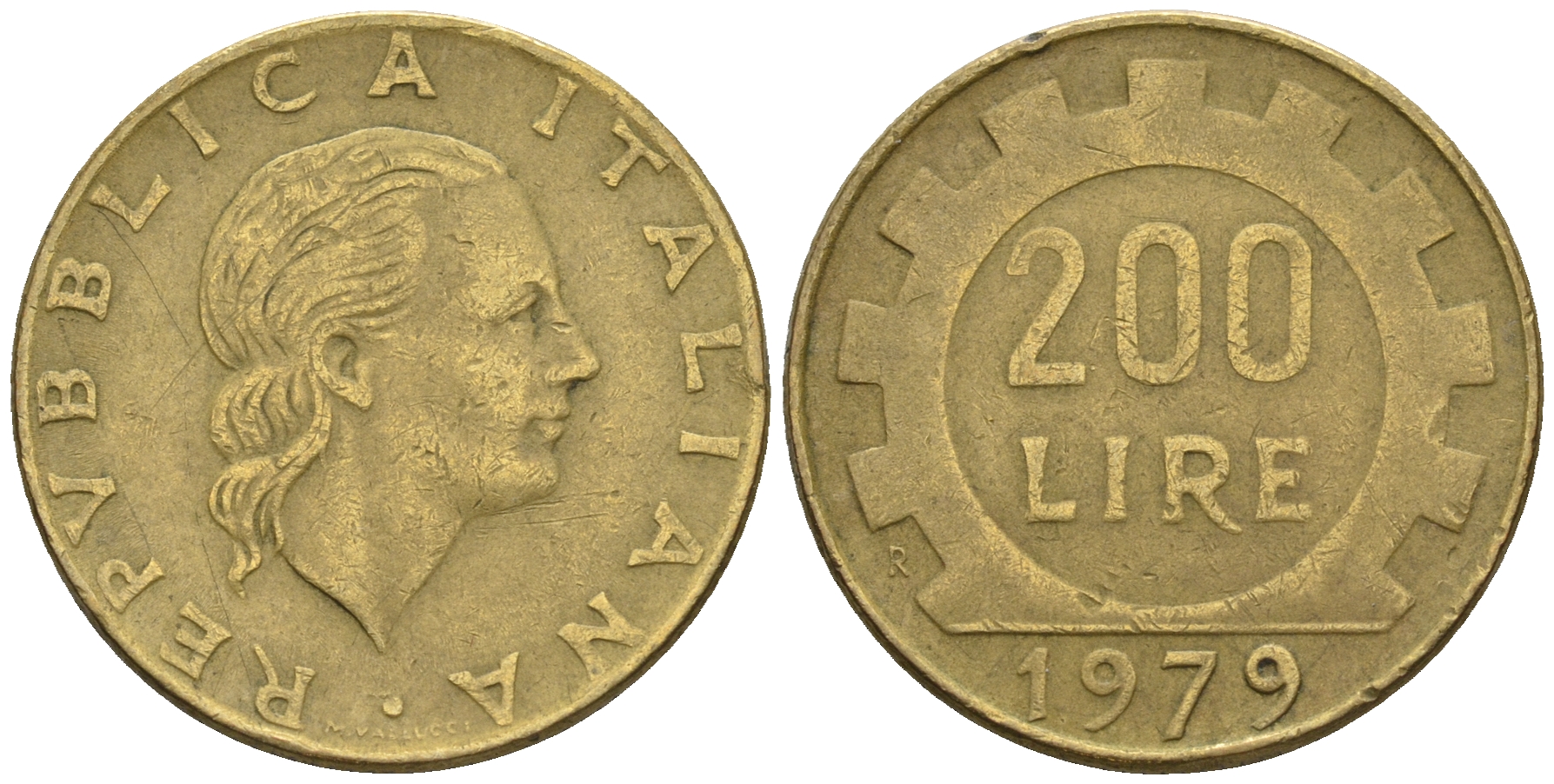 Италия 200 лир 1979 R, шестерня KM 105 алюминиевая бронза 85-446