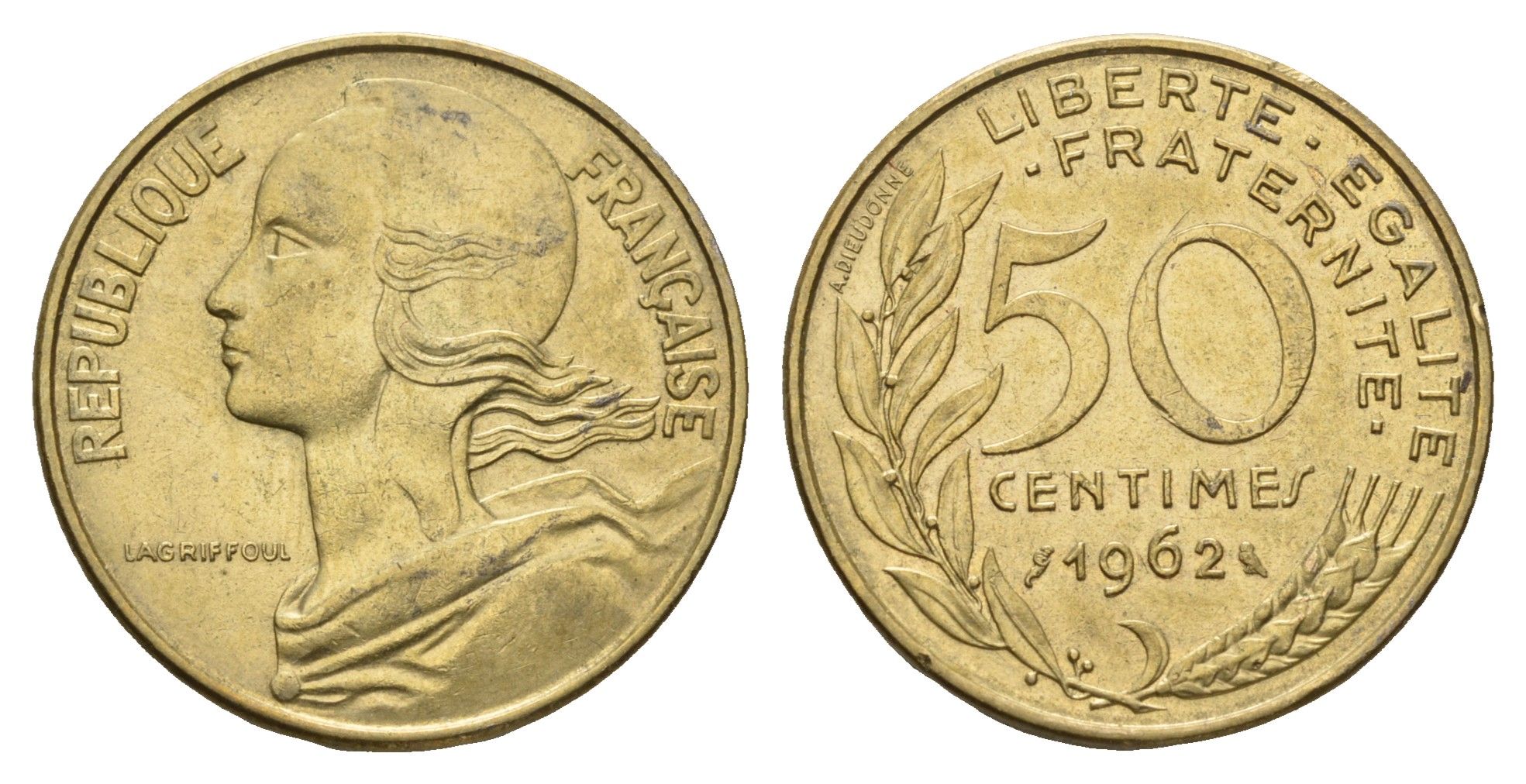 Франция 50 сантимов 1962 KM 939 алюминиевая бронза 94-443