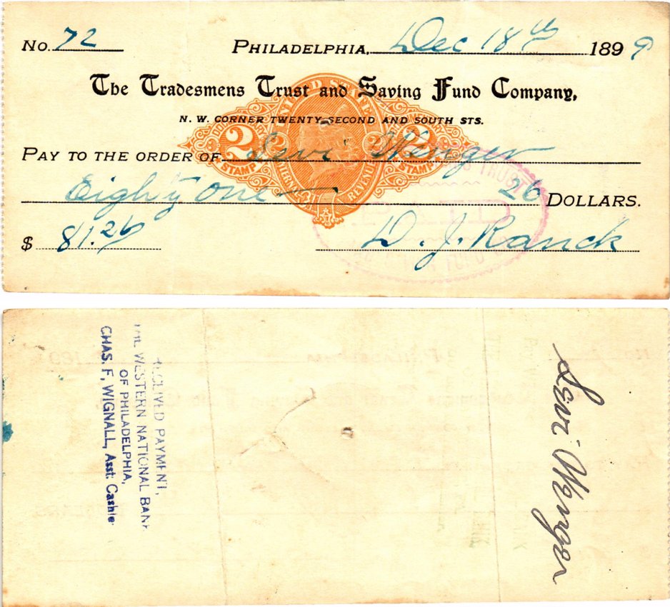 США чек на 81,20 долларов 1899 Филадельфия бумага 3295-28-2-1