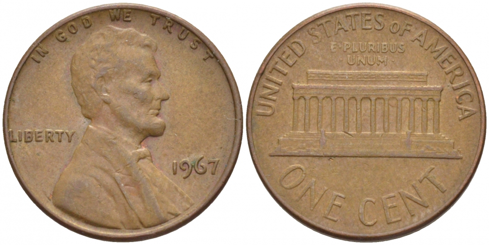 США 1 ЦЕНТ 1967 ЛИНКОЛЬН KM 201 медь цинк 3851-1035