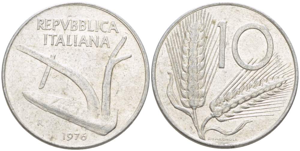 ИТАЛИЯ 10 ЛИР 1976 R, КОЛОСЬЯ, ПЛУГ KM 93 алюминий 4513-826