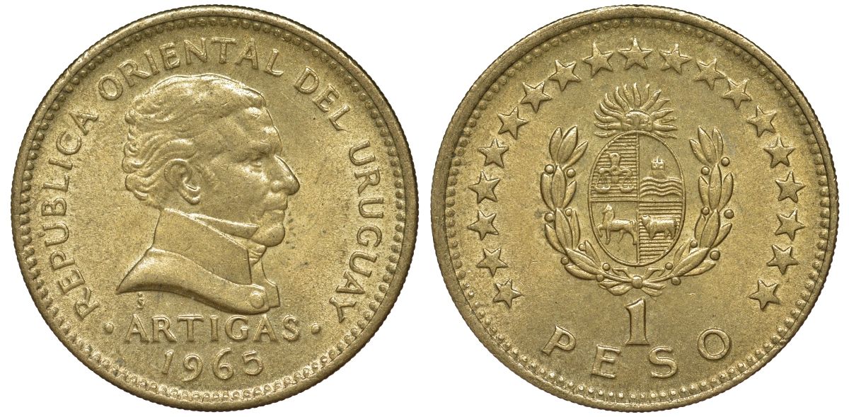 Уругвай 1 песо 1965 KM 46 алюминиевая бронза 33-1013