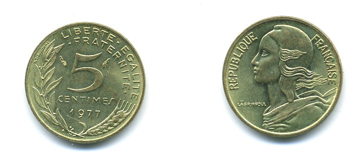ФРАНЦИЯ 5 САНТИМОВ 1977 ТИП MARIANNE KM 933 медь алюминий никель 84-1539