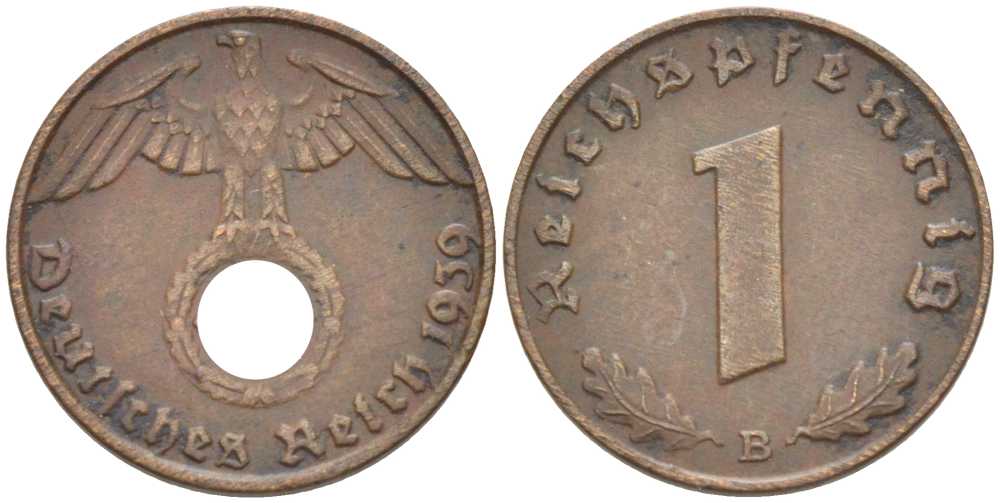 ГЕРМАНИЯ 1 РЕЙХСПФЕННИГ 1939 В KM 89, J. 361 бронза 116-1236