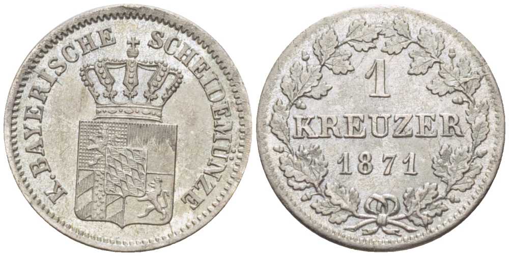 Бавария 1 крейцер 1871 Людвиг II (1864-1886) KM 487 серебро 201-1023