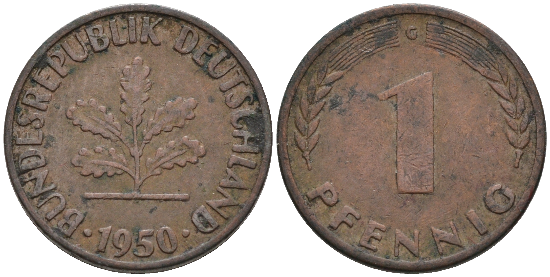 ФРГ 1 ПФЕННИГ 1950 G KM 105, J.380 сталь плакированная медью 75-414