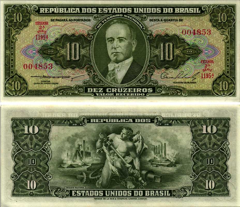 БРАЗИЛИЯ 10 КРУЗЕЙРО 1953-1960 СЕРИЯ 1195А, ESTAMPA 2А Pick 159b бумага UNC (ПРЕСС) 7547-38-2-2