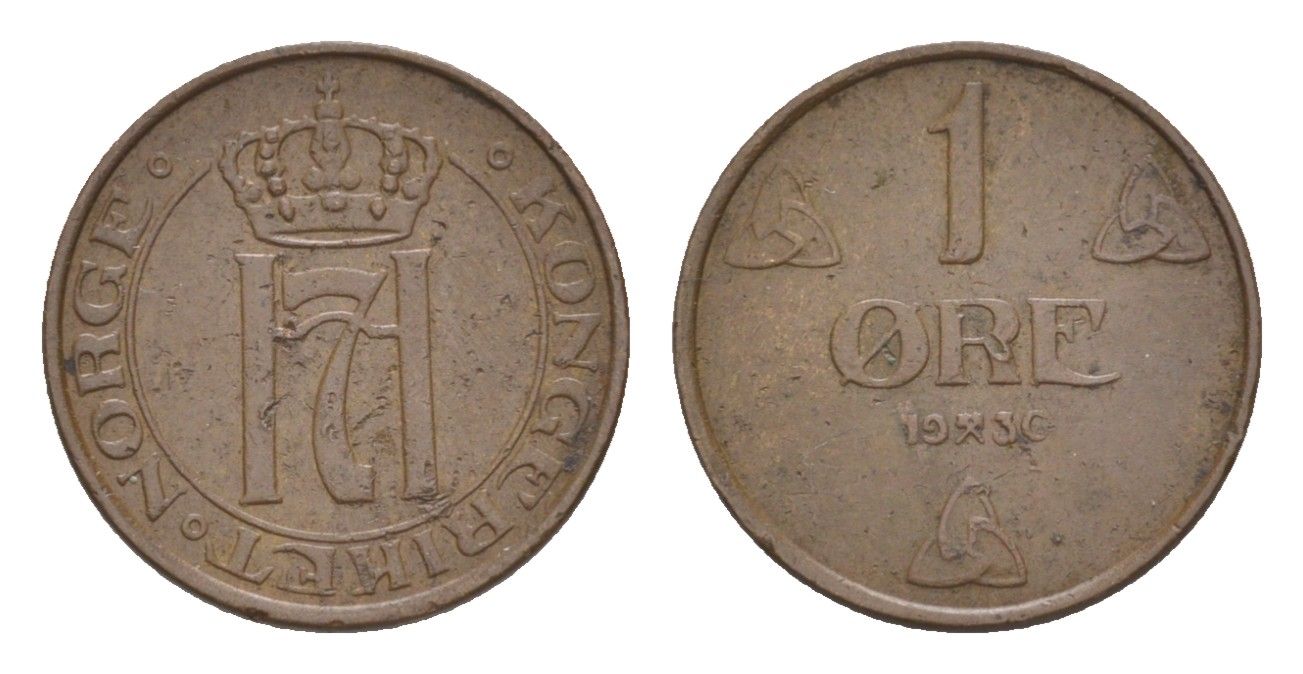 Норвегия 1 эре 1930 Хокон VII (1905-1957) KM 367 бронза 4632-1045