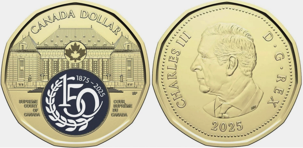 Канада 1 доллар 2025 Карл III (2022- ), 150 лет Верховному Суду Канады, термопечать KM NEW сталь плакированная латунью  UNC  M78-11