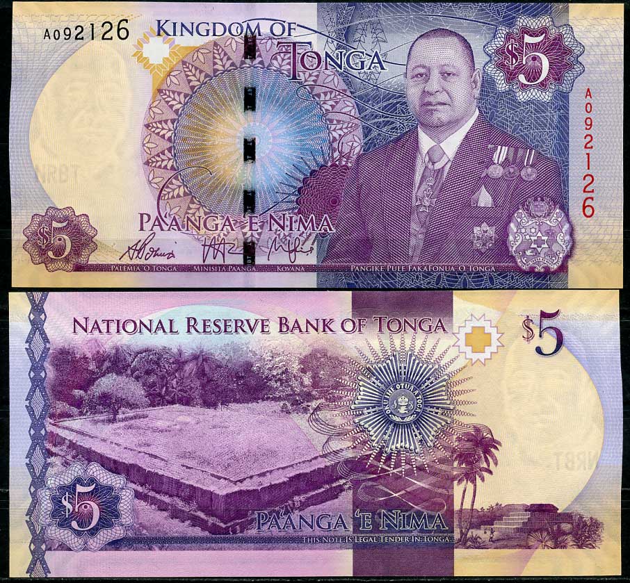 Тонга 5 паанга ND (2015) король Тупоу VI, пирамиды Тонгатапу Pick 45 бумага UNC (пресс) 449-6-1