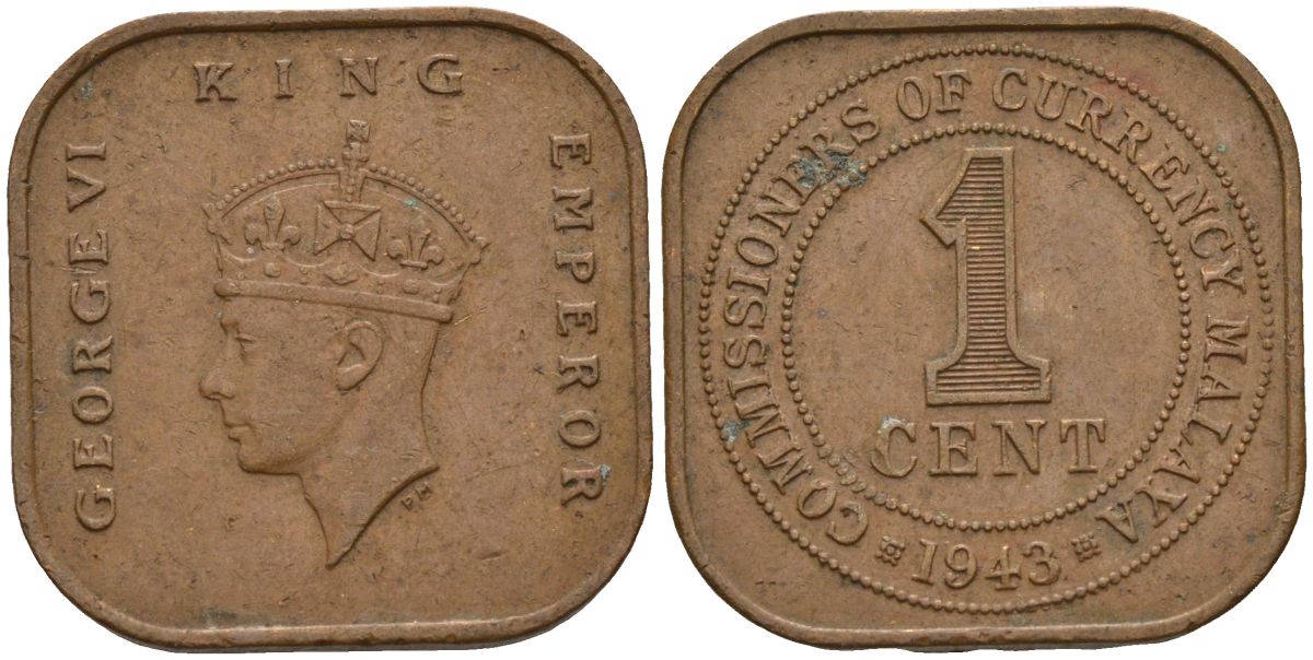 Британская Малайя 1 цент 1943 Георг VI (1937-1952) KM 6 бронза 4153-633