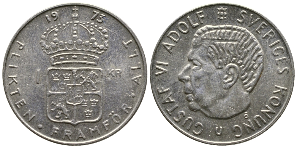 Швеция 1 крона 1973 Густав VI Адольф (1950-1973) KM 826а медь плакированная медно-никелем 91-216
