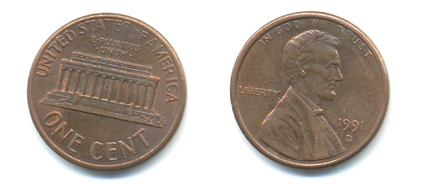США 1 ЦЕНТ 1991 D, ЛИНКОЛЬН KM 201b цинк плакированный медью 86-257