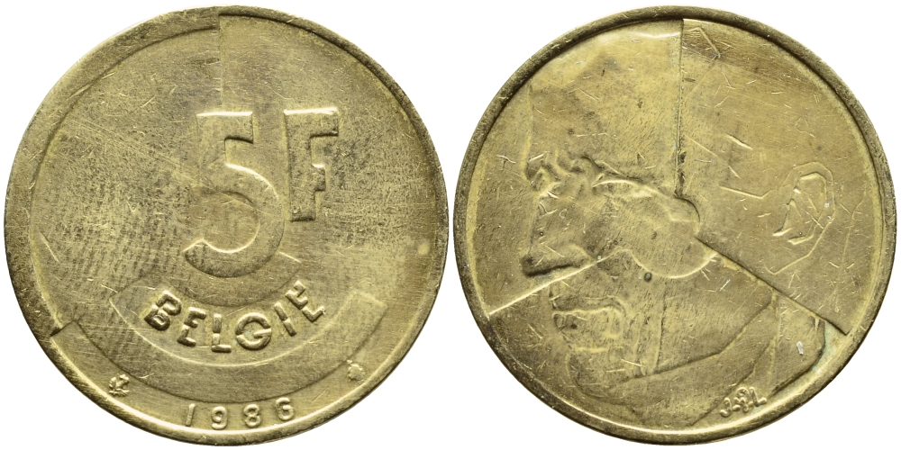 БЕЛЬГИЯ 5 ФРАНКОВ 1986 BELGIE KM 164 латунь или алюминевая бронза 4110-1326