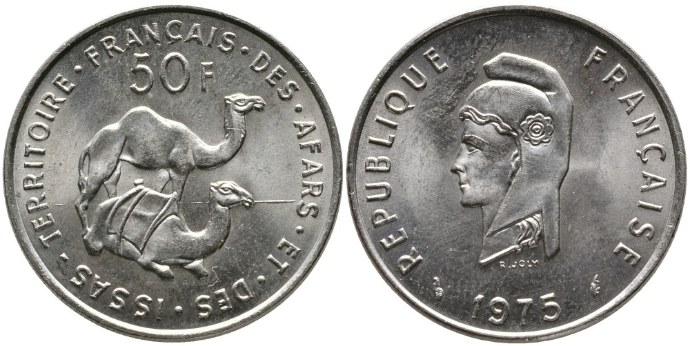 Французские афар и исса 50 франков 1975 KM 18 медно-никель UNC 4538-253