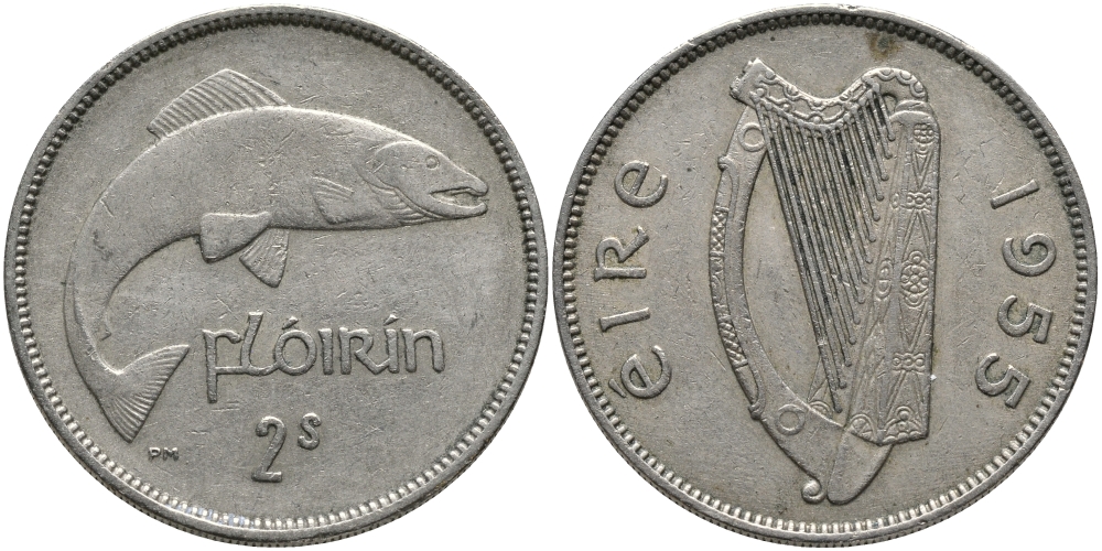 ИРЛАНДИЯ 1 ФЛОРИН - 2 ШИЛЛИНГА 1955 ЛОСОСЬ KM 15а медно-никель 89-1644