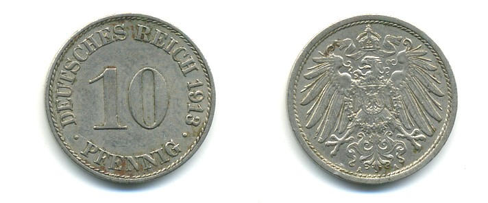 ГЕРМАНИЯ 10 ПФЕННИГОВ 1913 A KM 12, J. 13 медно-никель 4379-861