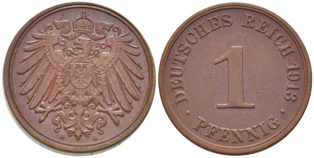 ГЕРМАНИЯ 1 ПФЕННИГ 1913 A KM 10, J. 10, Weege 2 медь 206-428