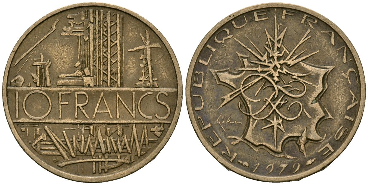 Франция 10 франков 1979 тип Матье KM 940, Le Franc 365.13-14 никель латунь 4120-513