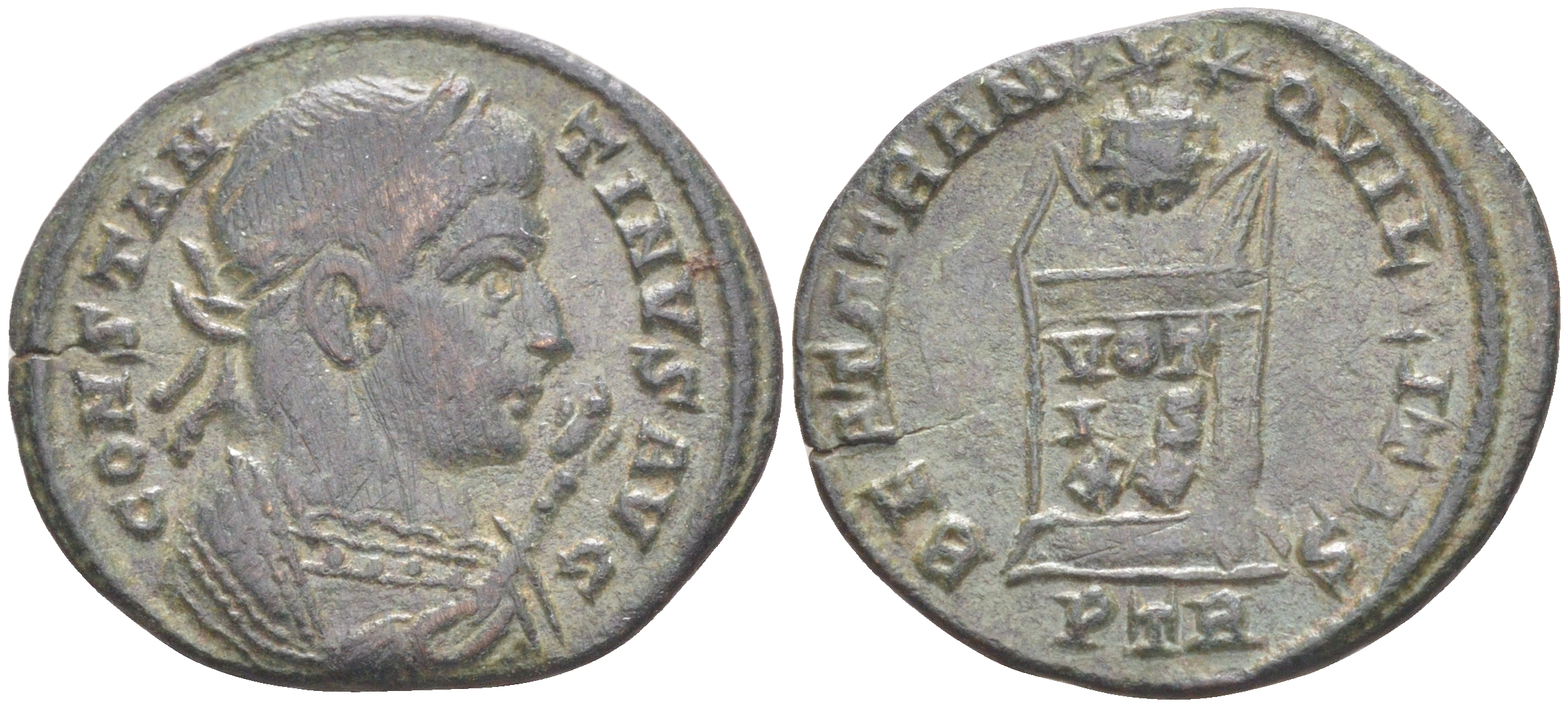 Римская Империя нуммий 323 Константин I Великий, бюст императора, CONSTANTINVS AVG / алтарь, BEATA TRANQVILLITAS VOTIS XX, Августа Треверов RIC 342 биллон 1073-13-111