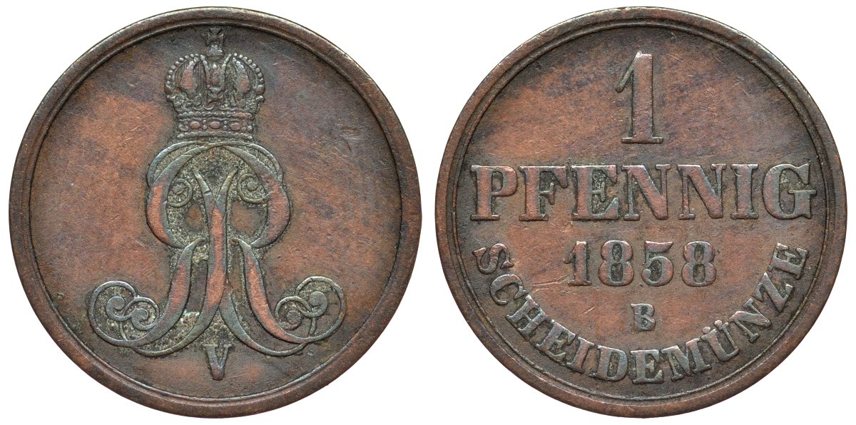 Ганновер 1 пфенниг 1858 B, Георг V KM 233, AKS 156, J. 90 медь 4594-262