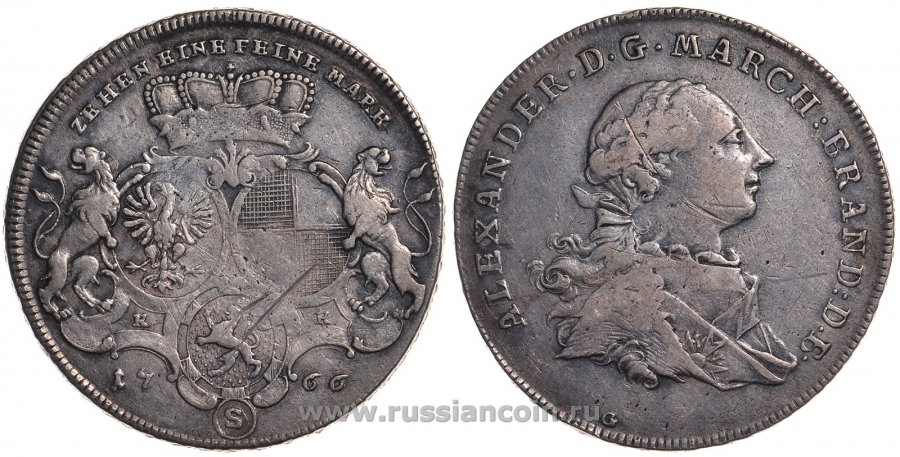 Бранденбург-Ансбах 1 талер 1765 Александр I, малый бюст, с орденским крестом внизу KM 269, Dav. 1995 серебро 00-814-55