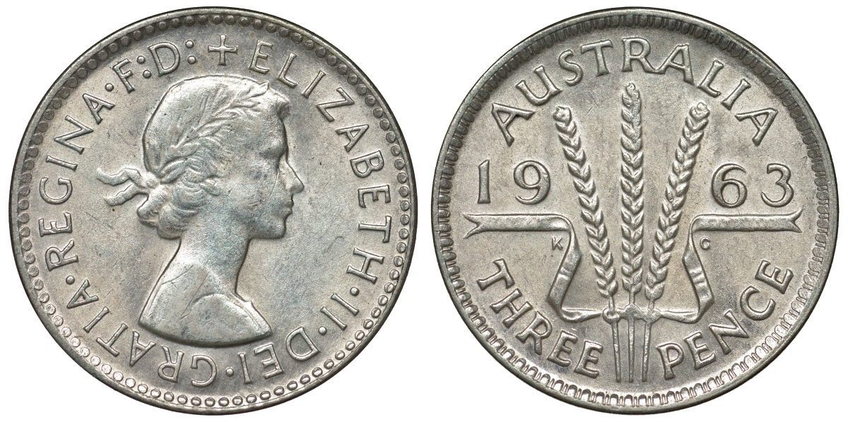 Австралия 3 пенса 1963 m, Елизавета II (1952-2022) KM 57 серебро 71-864