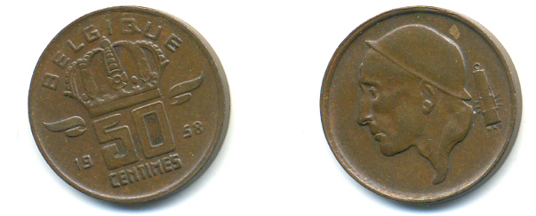 БЕЛЬГИЯ 50 САНТИМОВ 1958 BELGIE KM 149.1 бронза 86-1313