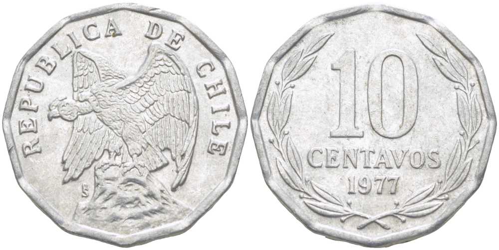 Чили 10 сентаво 1977 KM 205a алюминий 4402-353