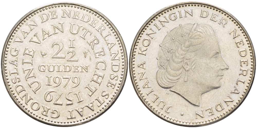 Нидерланды 2 1/2 гульдена 1979 400 лет Утрехтскому союзу, Юлиана (1949-1980) KM 197 никель 215-441
