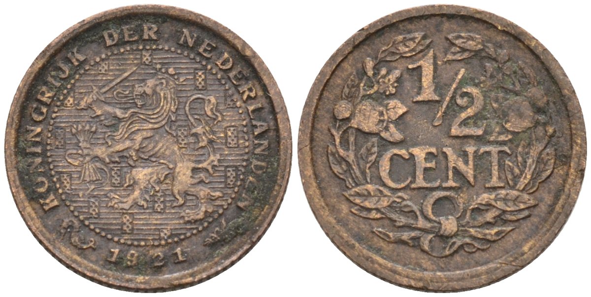 Нидерланды 1/2 цента 1921 Вильгельмина (1890-1948) KM 138 бронза 4576-422