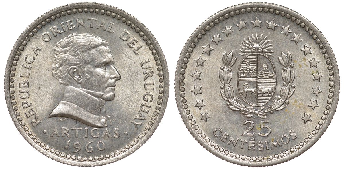 Уругвай 25 сентесимо 1960 KM 40 медно-никель 4532-159