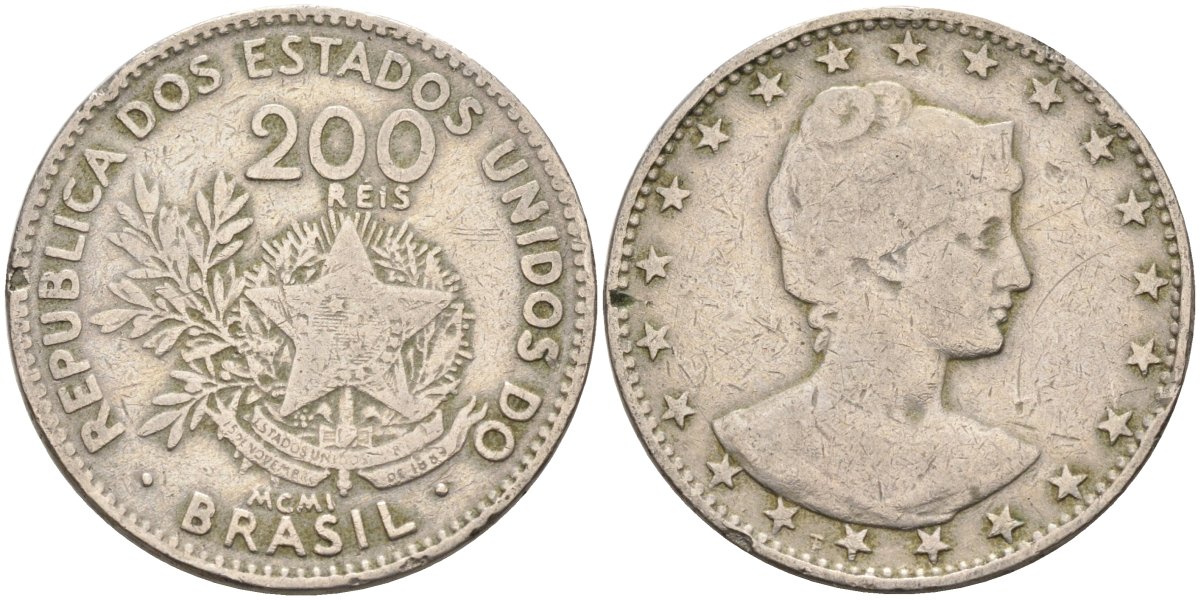 Бразилия 200 рейс 1901 голова свободы вправо KM 504 медно-никель 4589-1114