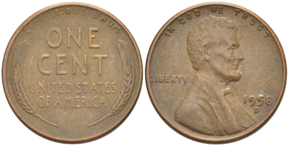 США 1 ЦЕНТ 1958 D, ЛИНКОЛЬН KM А132 медь цинк 218-1046