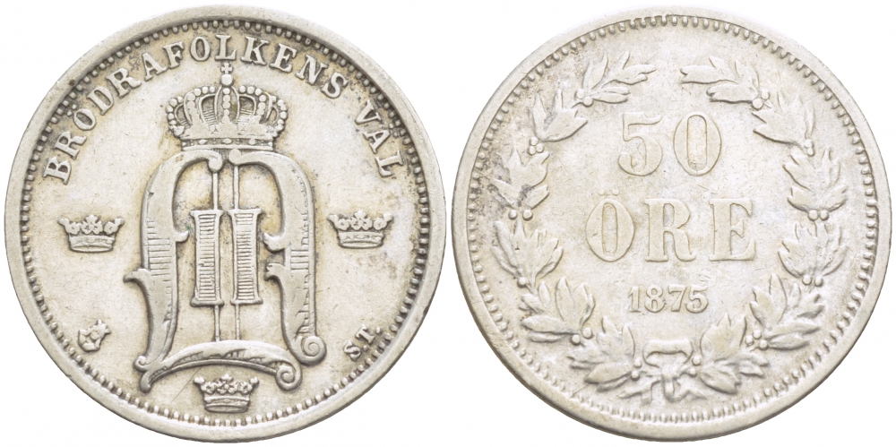Швеция 50 эре 1875 ST, Оскар II (1872-1907) король Швеции и Норвегии, LARGE LETTERS KM 740 (519) серебро 1515-923