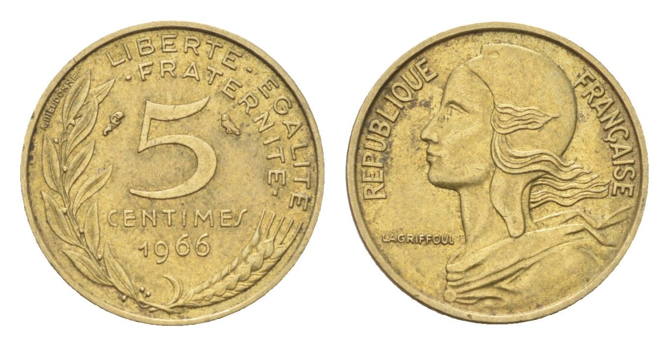 Франция 5 сантимов 1966 тип Morlon KM 933, Le Franc 125.2 алюминиевая бронза 4702-1228