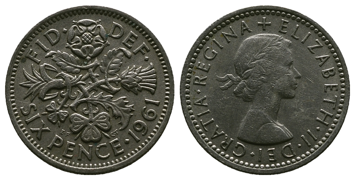 Великобритания 6 пенсов 1961 Елизавета II (1952-2022) KM 903, Spink 4149 медно-никель 4381-735