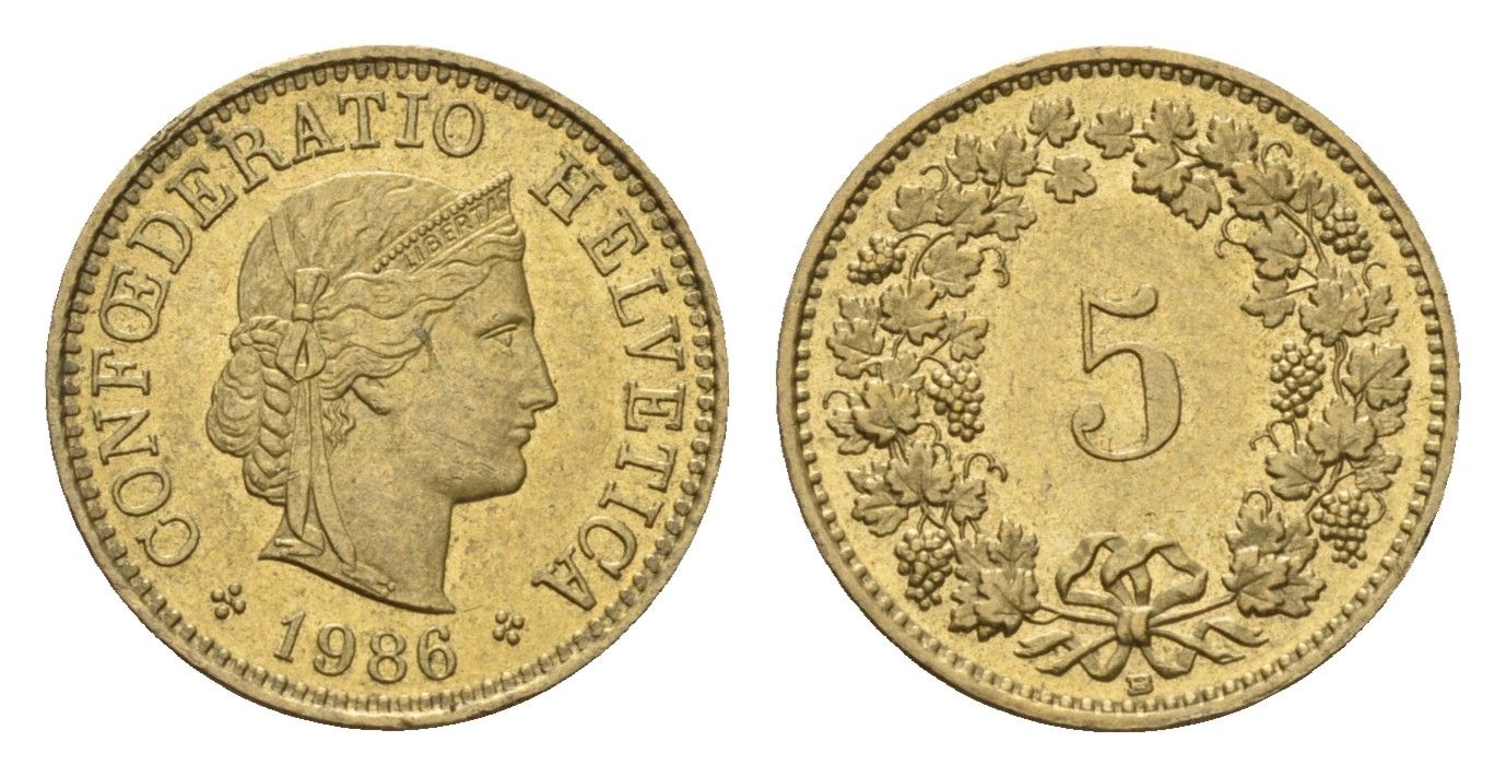 Швейцария 5 раппенов 1986 KM 26c алюминиевая бронза 188-1027