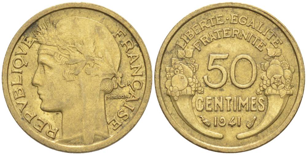 ФРАНЦИЯ 50 САНТИМОВ 1941 ТИП MORLON KM 894.1, LE FRANC 192.18 алюминиевая бронза 44-558