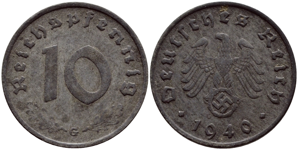 ГЕРМАНИЯ 10 РЕЙХСПФЕННИГОВ 1940 G, KM 101, J. 371 цинк 4391-1033